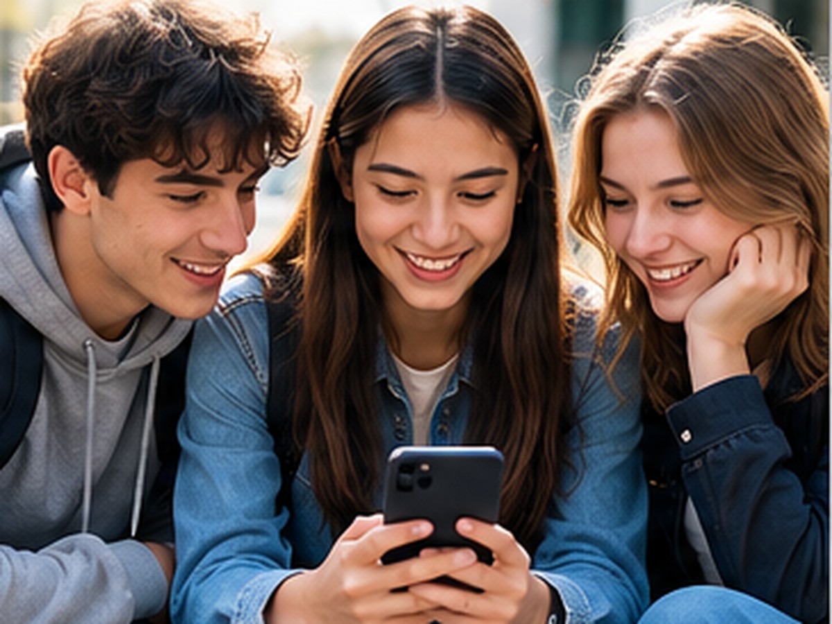Tre adolescenti guardano insieme uno smartphone in un contesto scolastico, in un clima sereno e collaborativo